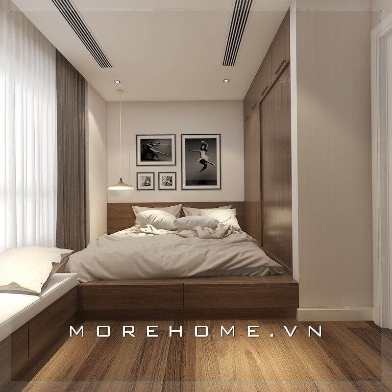 Giường ngủ chung cư với thiết kế hiện đại, đơn giản, tone màu nâu trầm ấm tạo cảm giác thoải mái và thư giãn hơn cho không gian phòng ngủ nhỏ